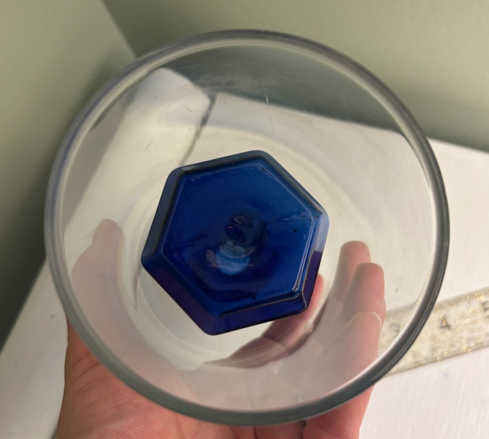 Bud vase? Blue glass inside clear dome