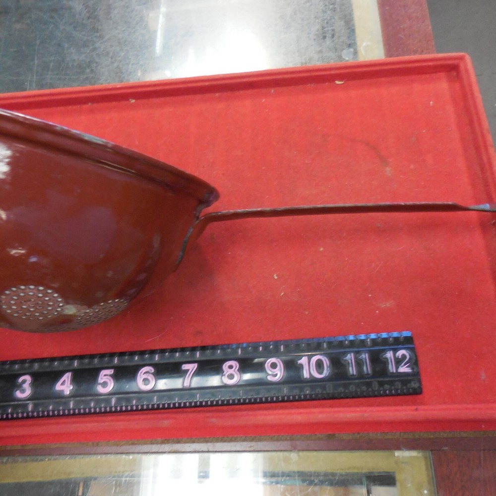Vintage CRIMSON RED ENAMELWARE HANDLED STRAINER 7 inch diameter