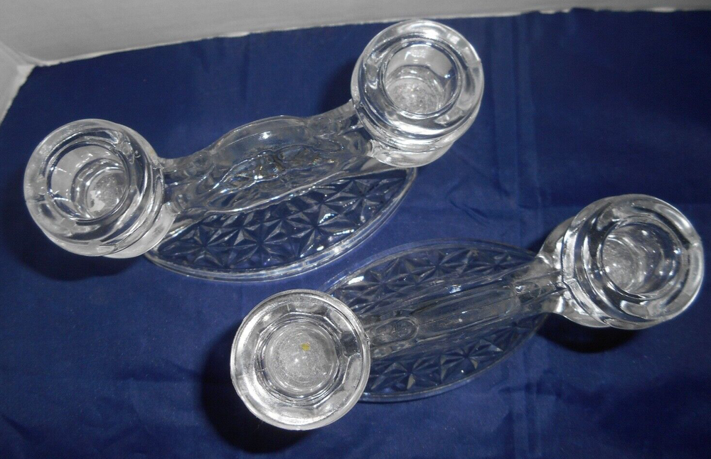 Vintage LE Smith Depression Mount Pleasant Shield Clear Glass Candleholders