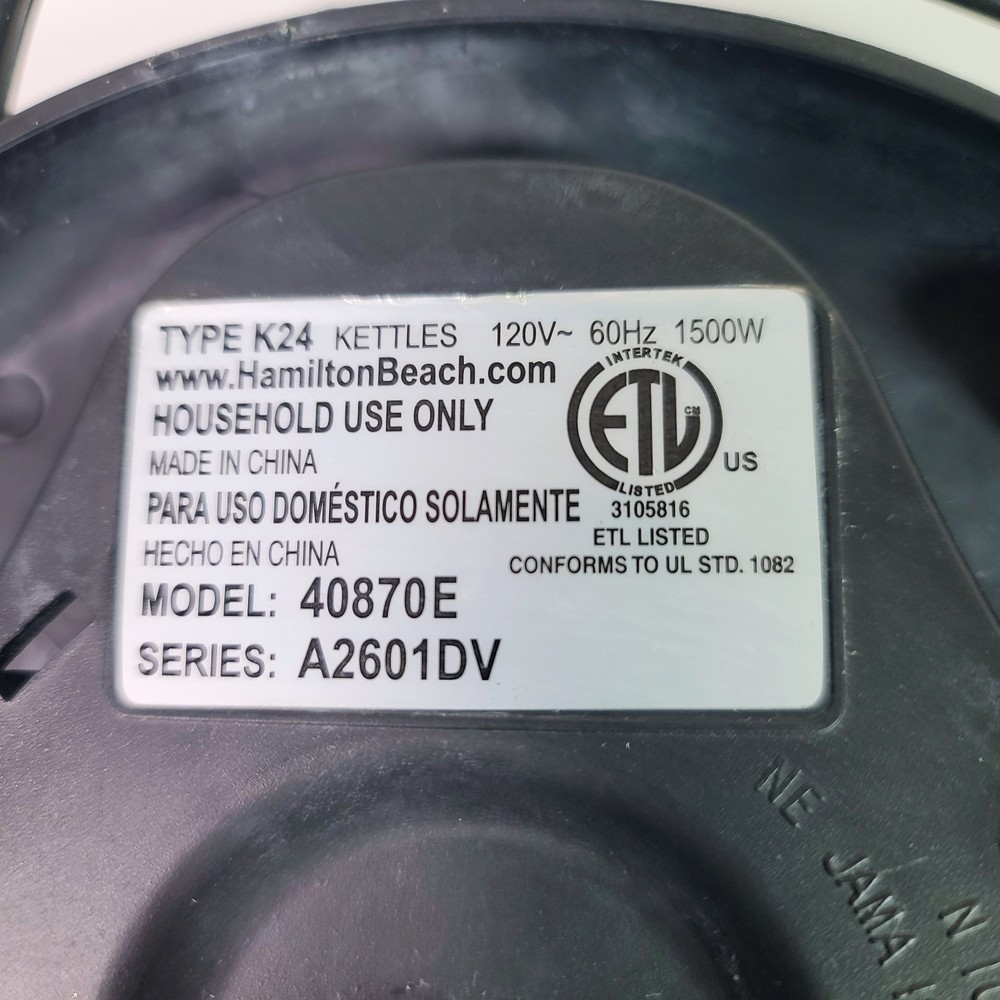 Hamilton Beach Electric Kettle Type K24 Replacement Power Cord Base 40870E Works
