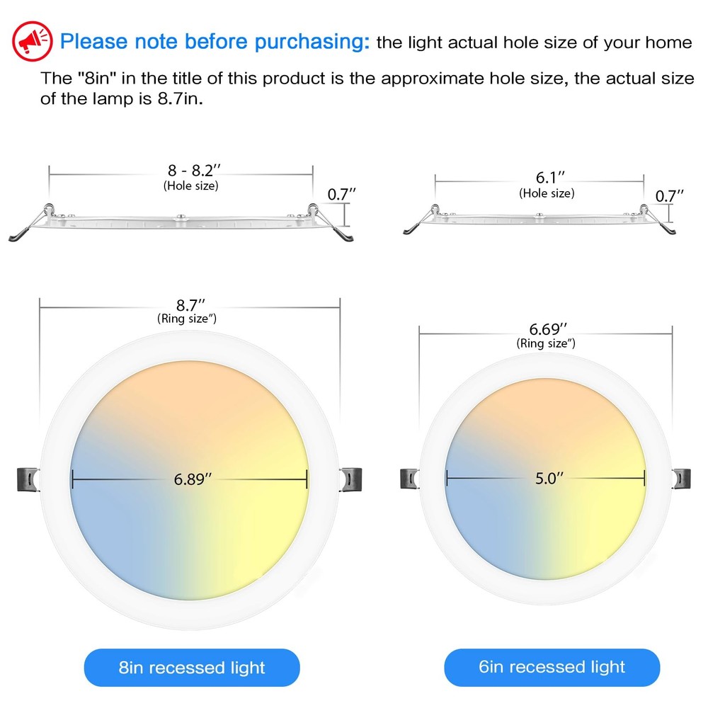 2PK 8" LED Recessed Light Ultra-Thin Ceiling Lighting Junction Box Dimmable CCT