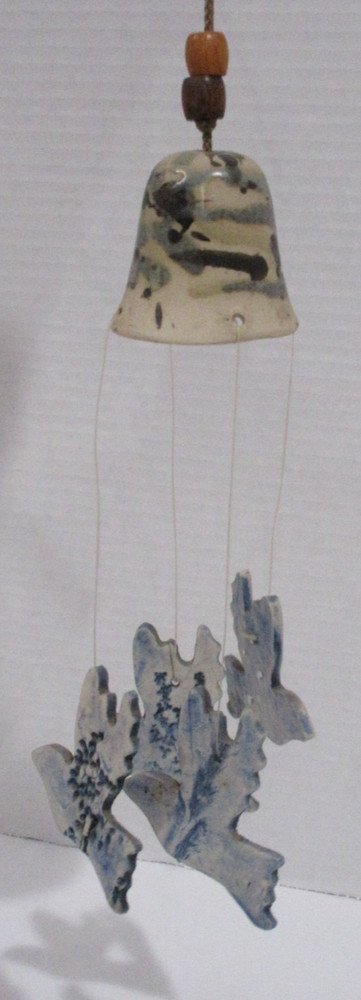 Handmade Pottery Windchimes with Birds Brown/Blue 8"