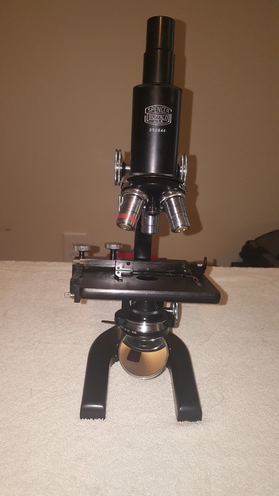 Antique Spencer Buffalo Microscope w/ 3 objectives ,Mirror, Case + Extras-NICE! 