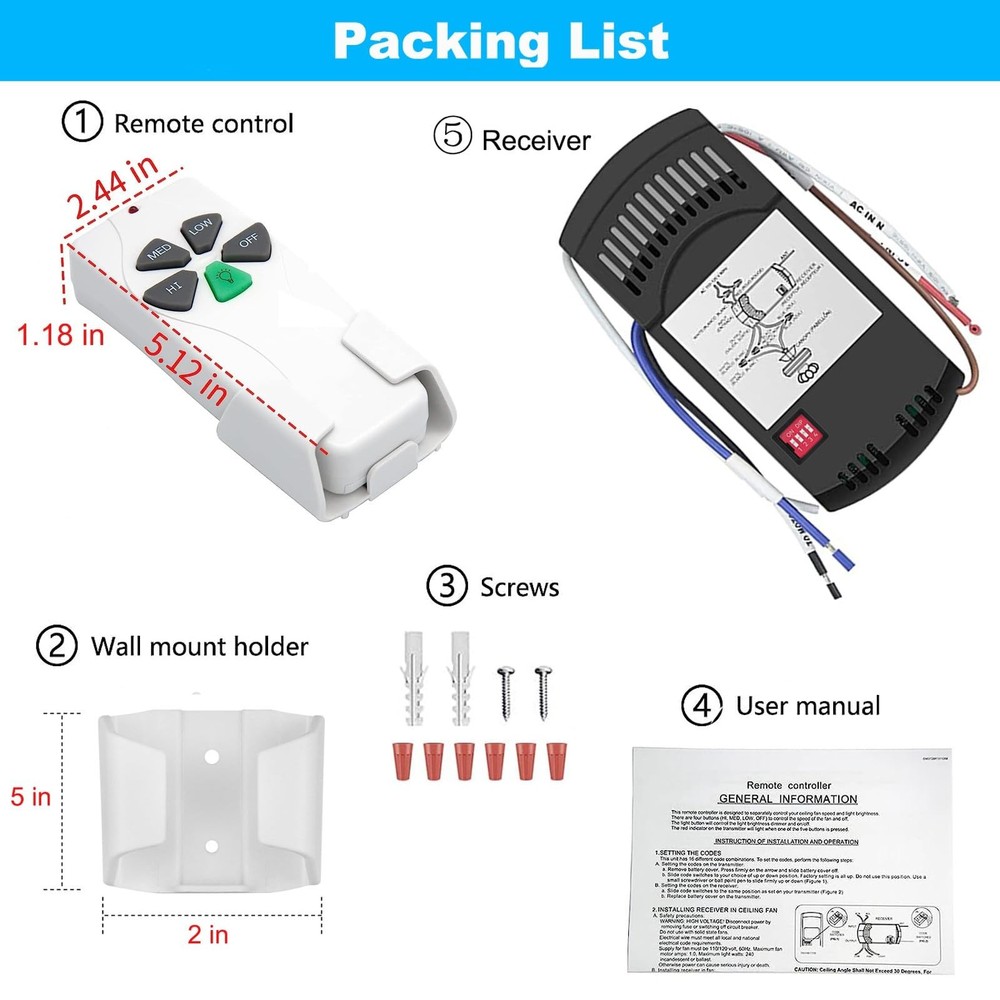 Universal Ceiling Fan Remote Control Kit, Replacement for Hunter/Harbor Breeze