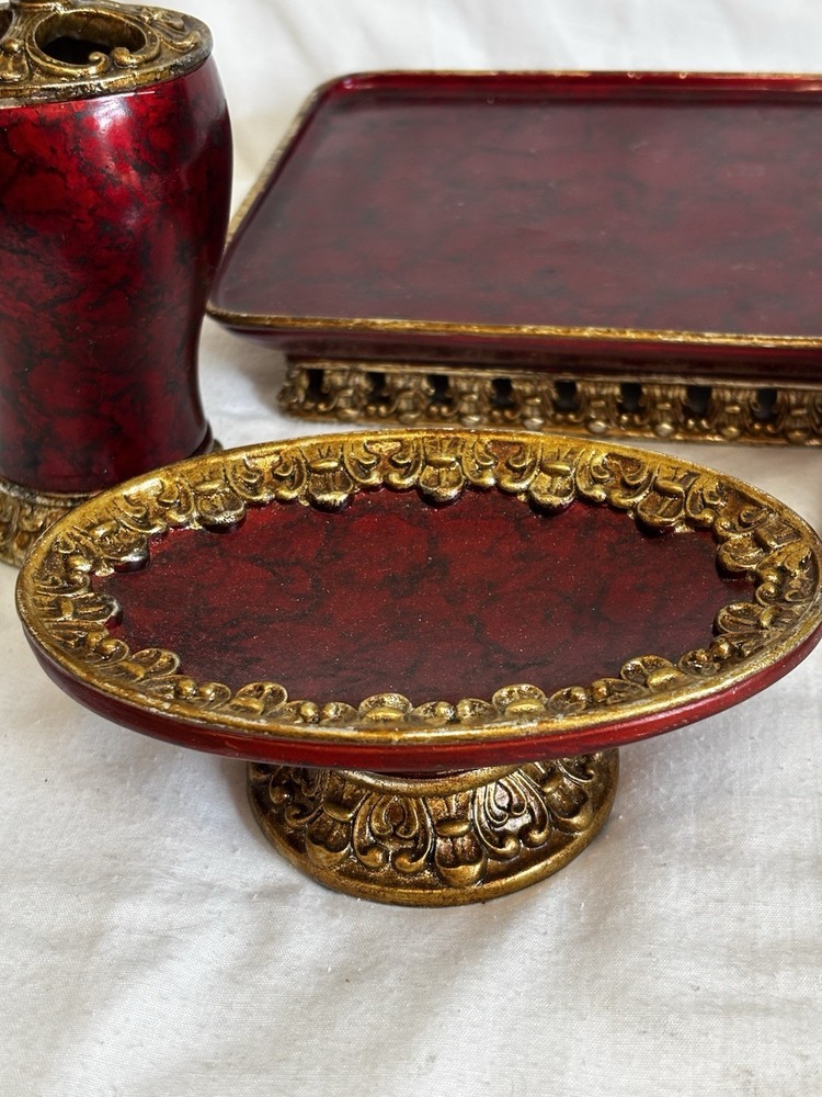 Bathroom Red And Gold Accessory Set 4 Piece Set