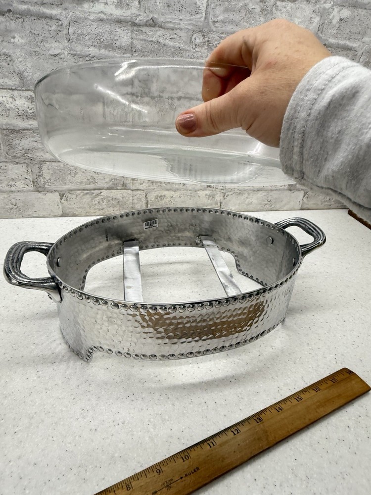 Hammered Decorative Silverplate Casserole Serving Dish with Glass Bowl Insert
