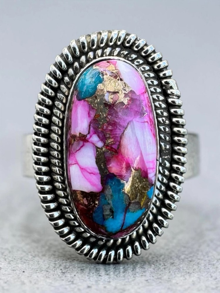 Kingman Pink Dahlia Turquoise Solid 925 Sterling Silver Ring – Size 8