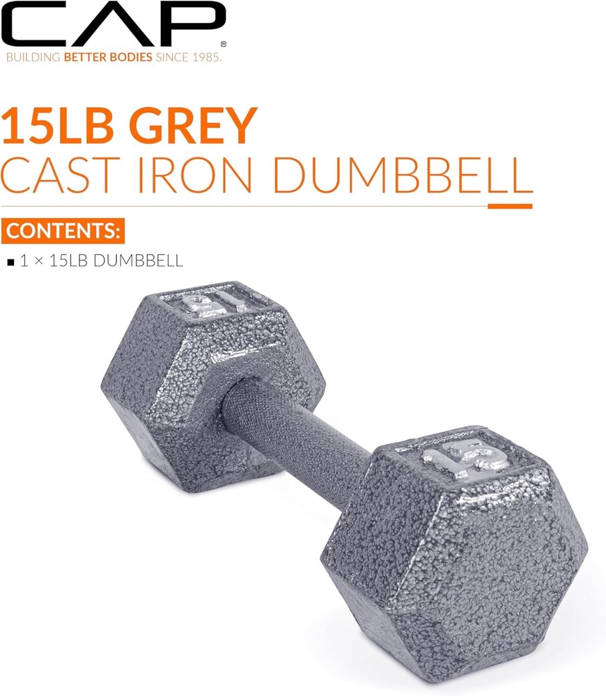 CAP Barbell Cast Iron Hex Dumbbell | Multiple Options 15 lb, Gray, Single