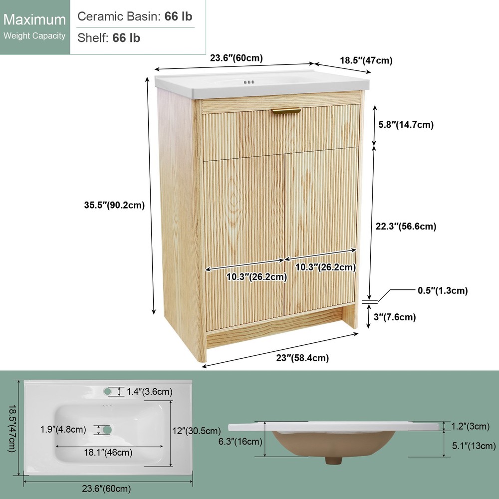 Single Sink Bathroom Cabinet w/ Integrated Ceramic Washbasin&Ample Storage Space