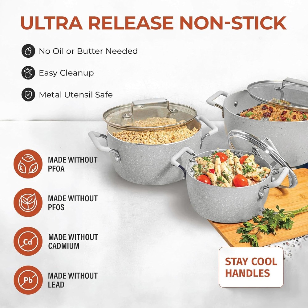 Granitestone Gray Pots and Pans Set Nonstick, 6 Stackable Piece Cooking Pots Set