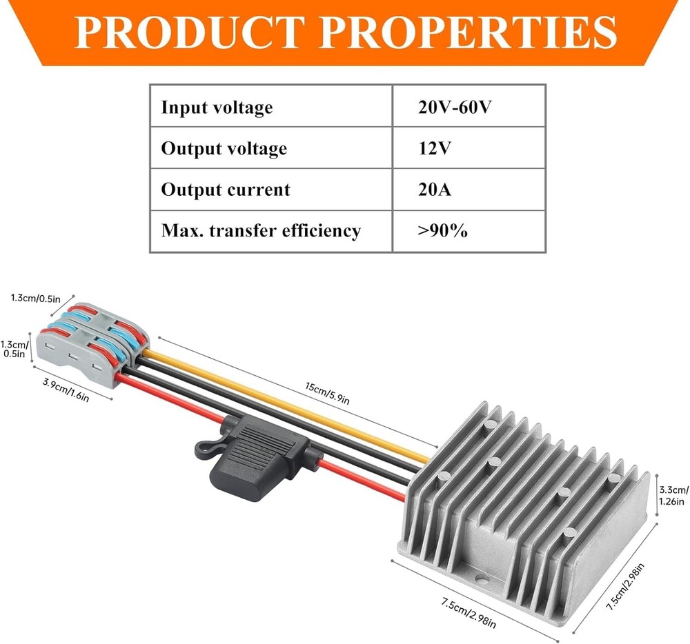 DC 12V 20A Step Down Converter 20V-60V Input 240W Power Regulator Golf