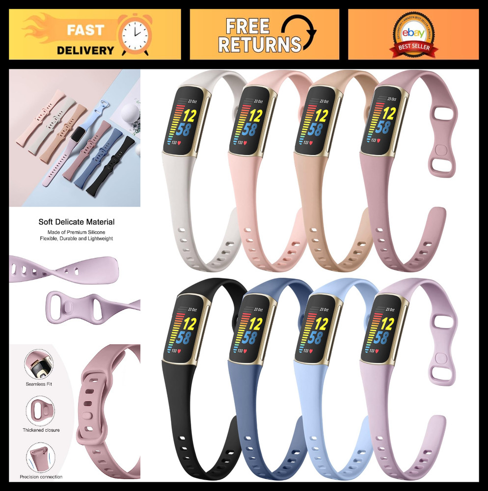 8 Pack Silicone Bands for Fitbit Charge 5/6 - Soft, Slim, Waterproof Sport Strap