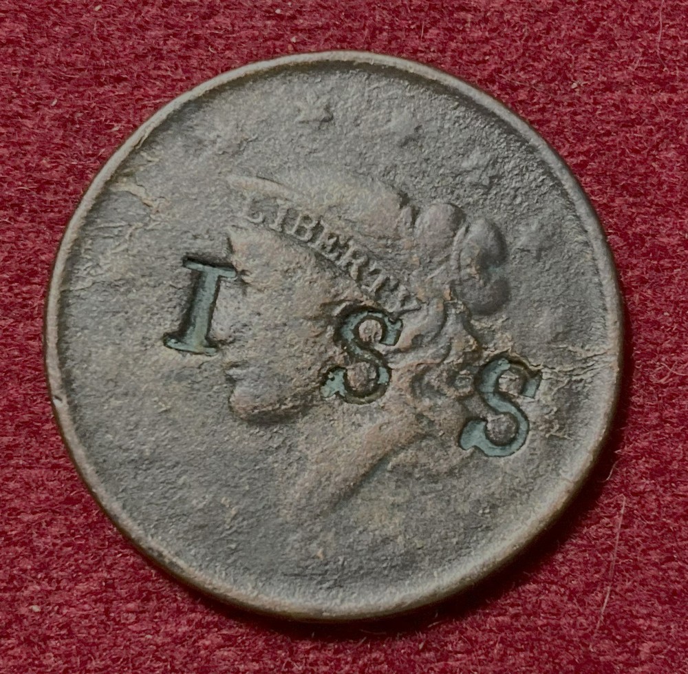 1837 Coronet Head Large Cent, N-6, Counterstamp  "ISS"