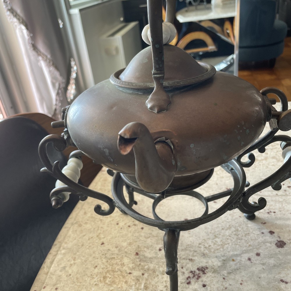 ANTIQUE COPPER BRASS TEA POT KETTLE ON STAND