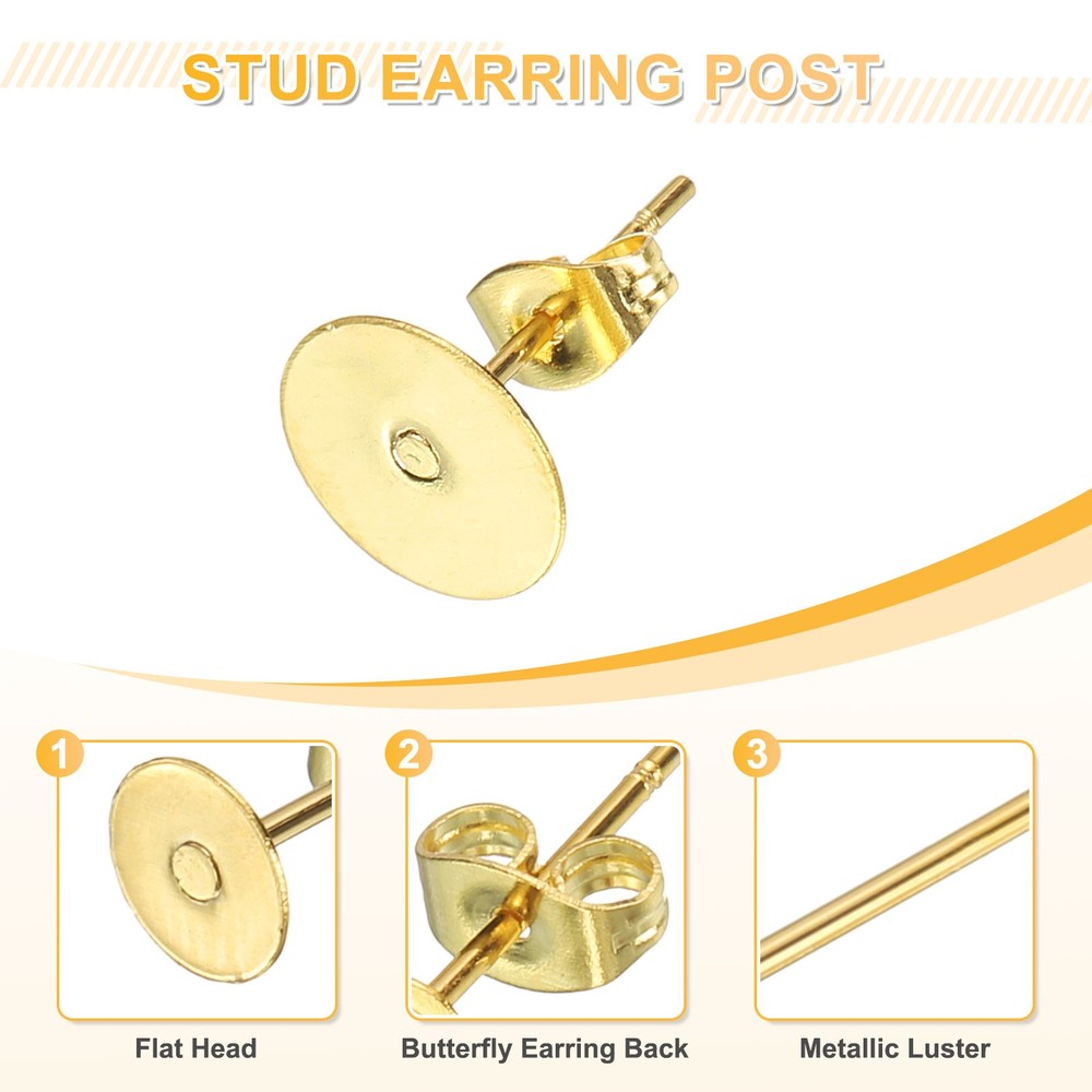 20Pcs Stud Earring Posts, 8mm Ear Pin with Butterfly Earring Backs, Gold