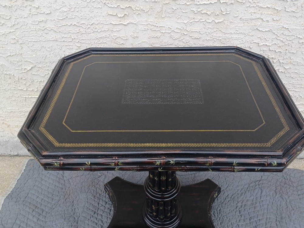 Maitland Smith Side Table Ebonized Faux Bamboo Leather Top Hand Painted Table