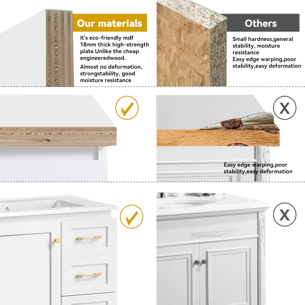 30" White Bathroom Vanity w/ Soft Close Doors & 3 Drawers