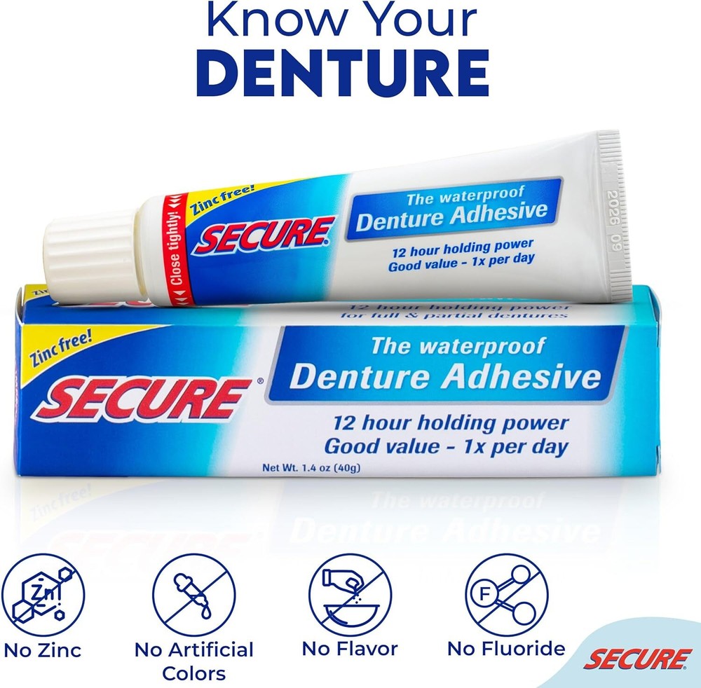 Secure Waterproof Denture Adhesive - Zinc Free - Extra Strong Hold For Upper,