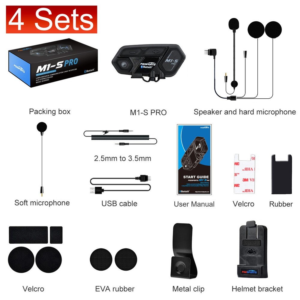 4x Motorcycle Bluetooth Headset Helmet Intercom 10 Riders Communication M1-S Pro