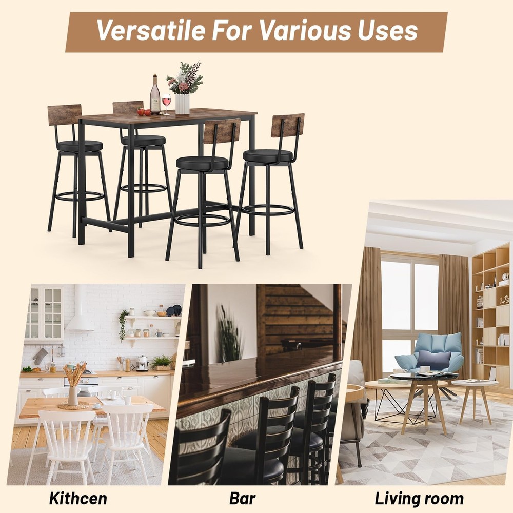 5-Piece Dining Table Set, Bar Table Set for 4, Kitchen Table and Chairs, Coun...