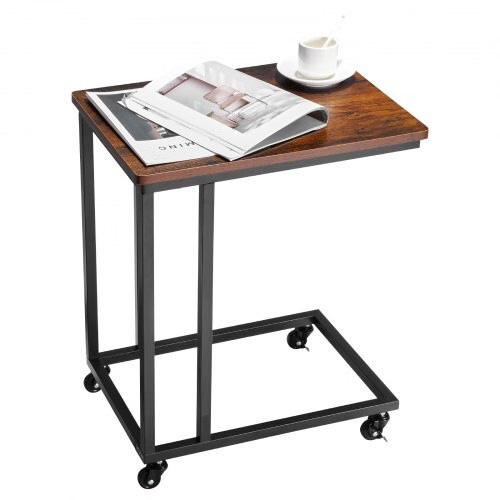 C Table, C Shaped Sofa Side Table with Metal Frame Rolling Casters, Portable C