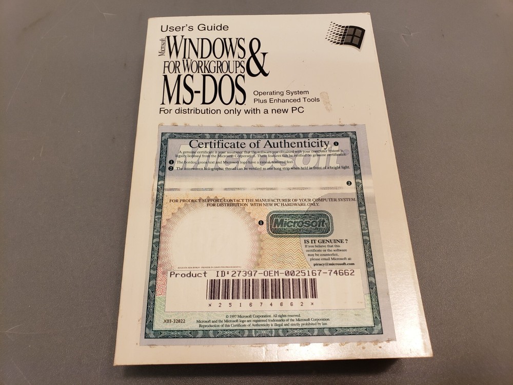 Microsoft Windows for Workgroups & MS-DOS Full User Guide + COA, NO MEDIA