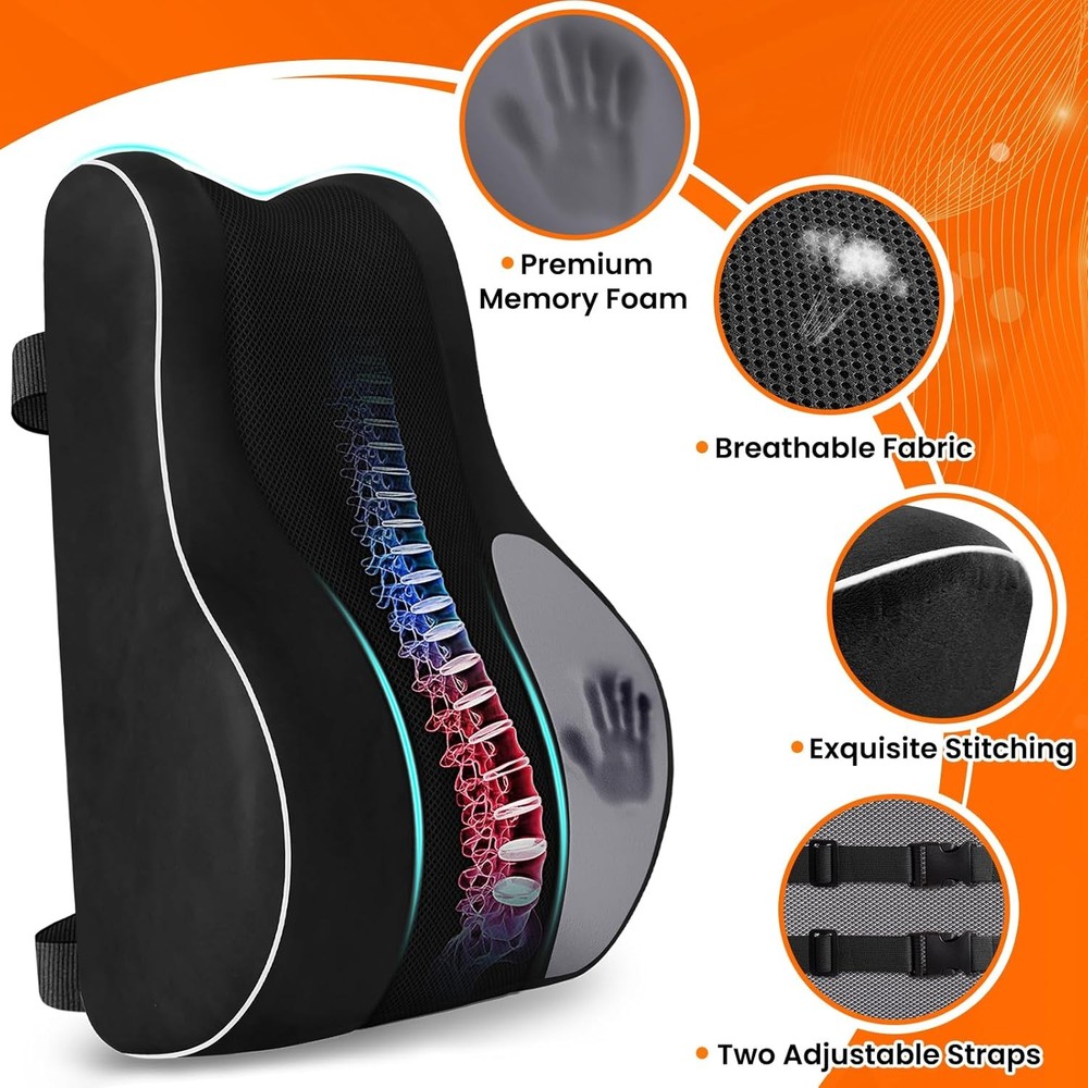 CloudBliss Ergonomic Lumbar Support Pillow – Memory Foam for Standard, Black