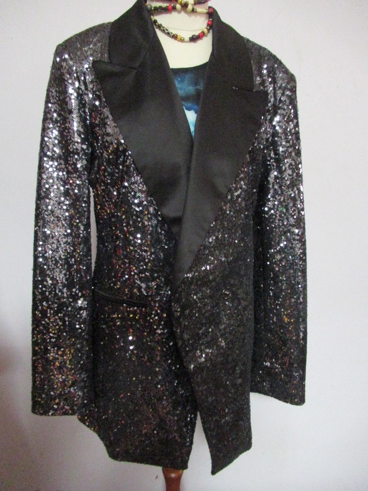 ASOS Sequin Blazer Black Silver Longline Evening Jacket Size US sz 12