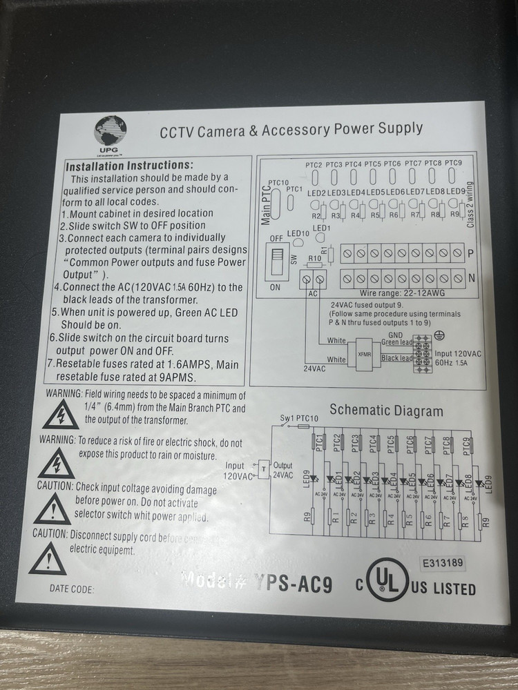 UPG MODEL YPS-AC9 CCTV 9-Camera Power Supply-NEW