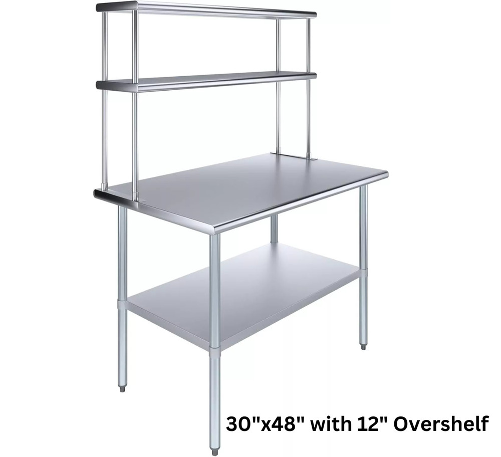 Commercial Kitchen Stainless Steel Table w/ Double Overshelf, Heavy Duty