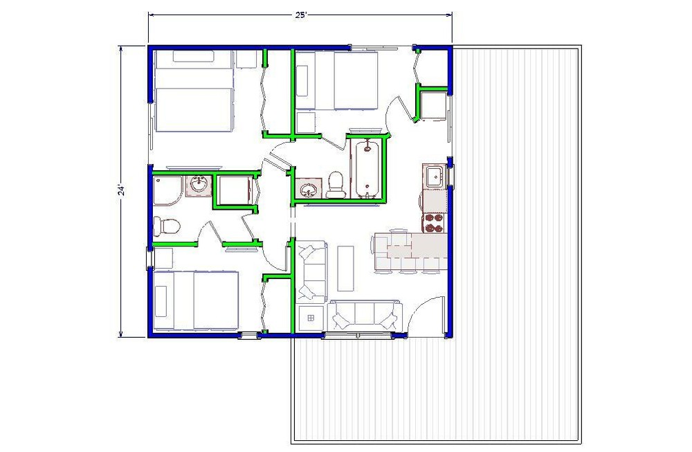 600sqft - 24'x25' - 3bedrm/2bath - Tiny/Small House Plan - us - ala cart