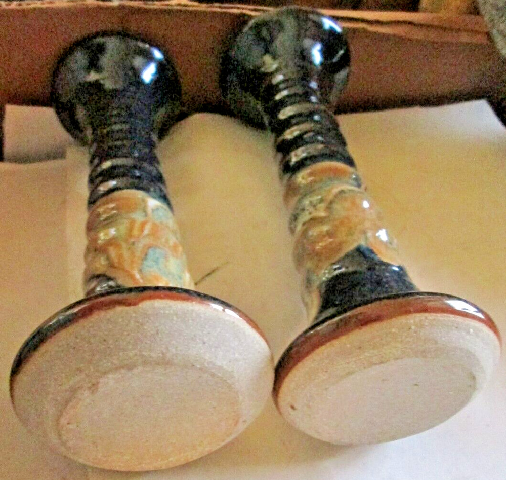 DECORATIVE RIBBED COBALT & MULTI-COLOR DRIP GLAZE CERAMIC CANDLE HOLDERS, USED