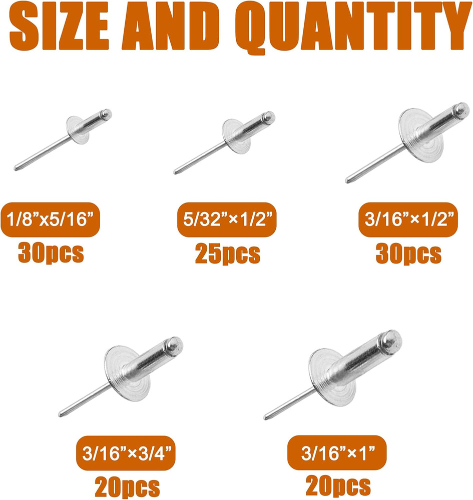 125Pcs Large Flange Aluminum Blind Rivets, Pop Rivets Assortment Kit (Silver)