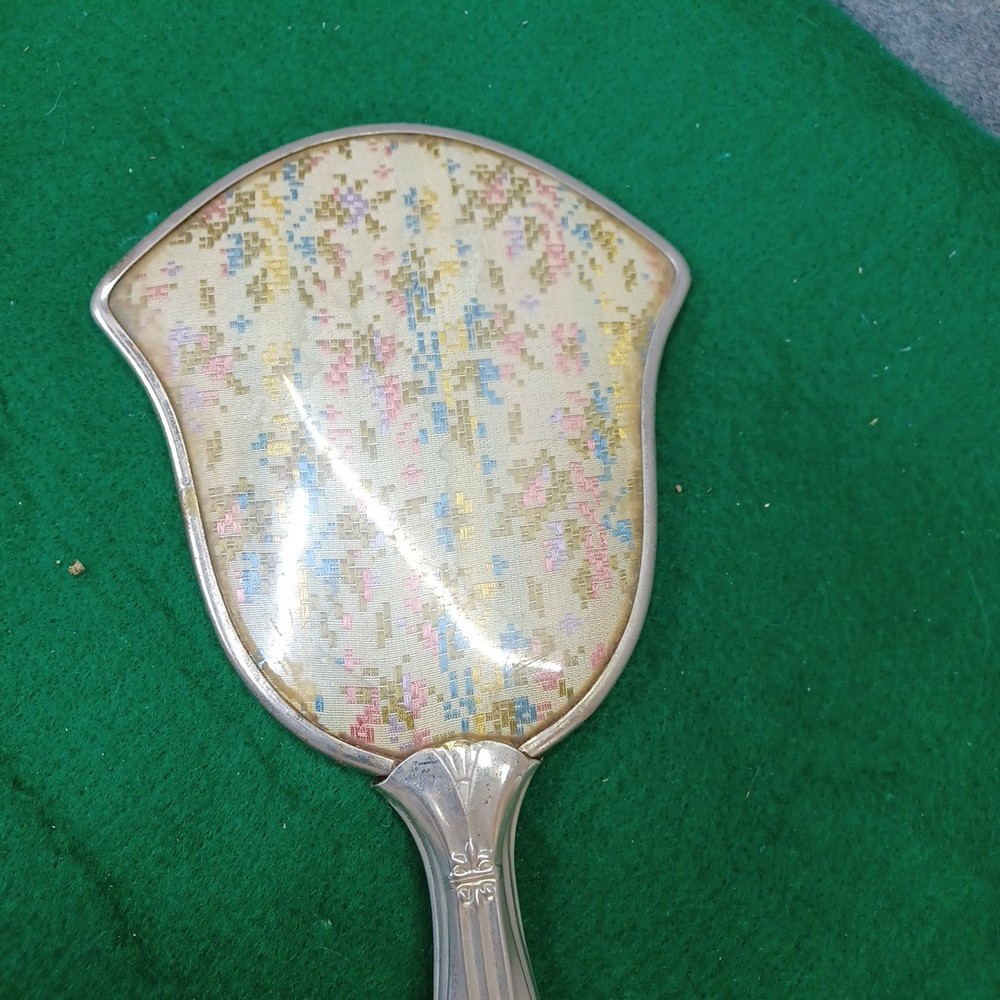 Vintage Hand Held Vanity Mirror Needlepoint Print On Back