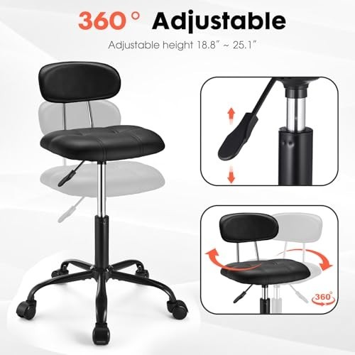 Height Adjustable Square Rolling Stool with Backrest, Swivel Drafting Chair, Whe