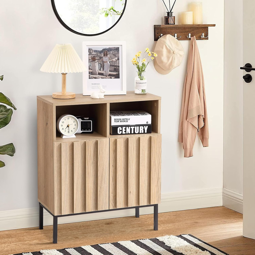 Modern Industrial Buffet Cabinet with Storage & Adjustable Shelf, Fluted Design