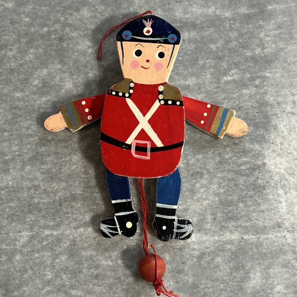 String Pull Puppet Soldier Ornament  / Toy  - Hand Painted -  5” - Vintage