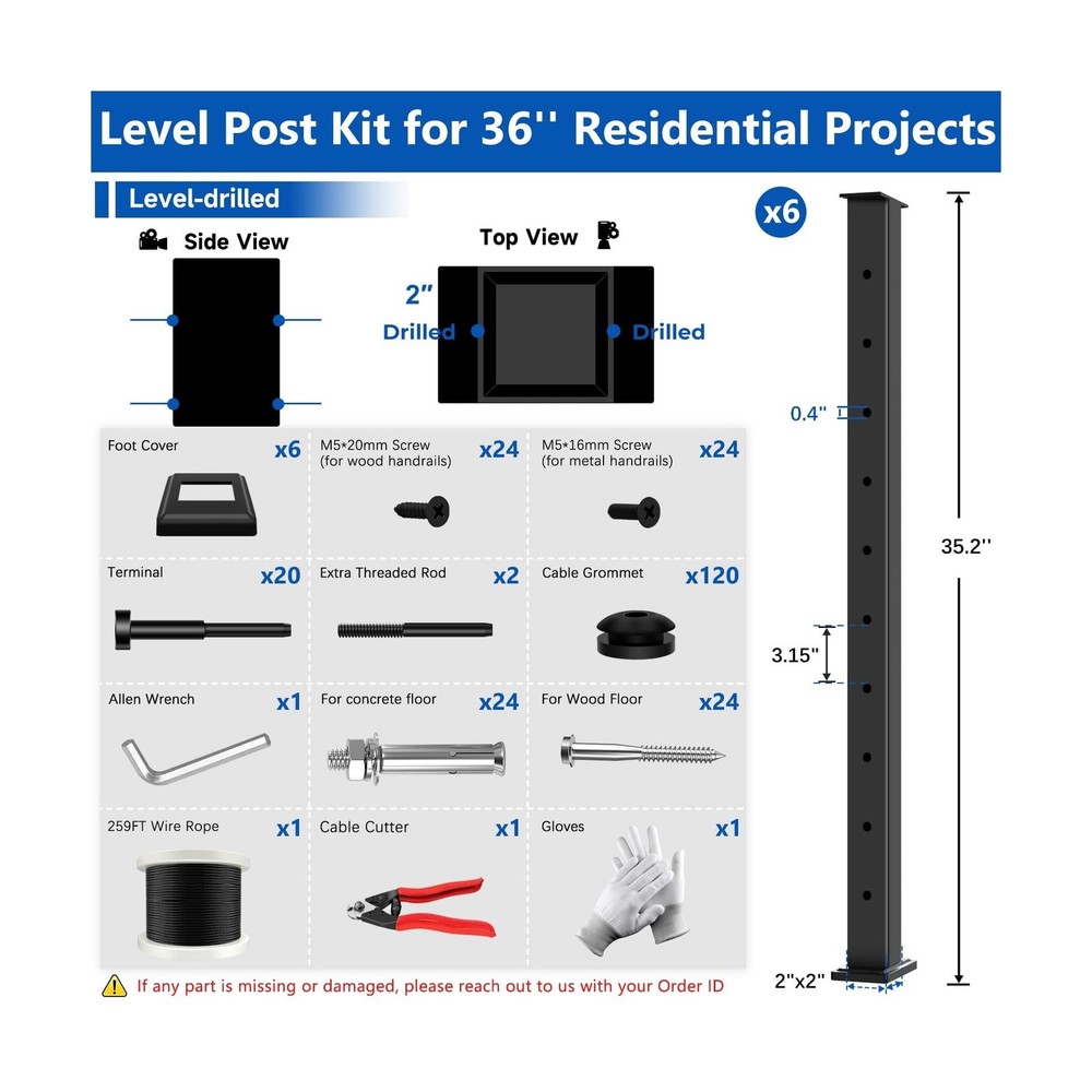 36" Expandable 20-24FT Black T304 Cable Railing Post Kit, Complete Cable Rail...