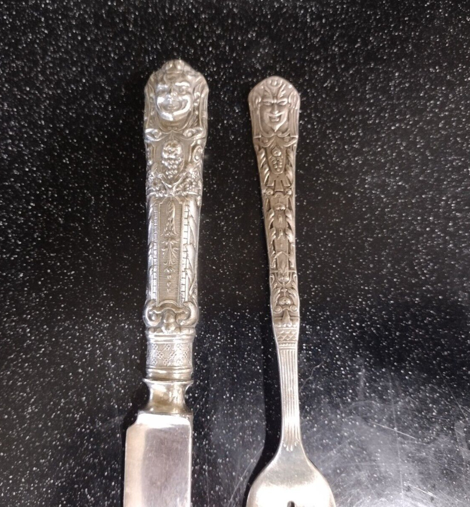 RARE ANTIQUE REED & BARTON SILVER PLATE RENAISSANCE DEVIL BACCHUS KNIFE FORK