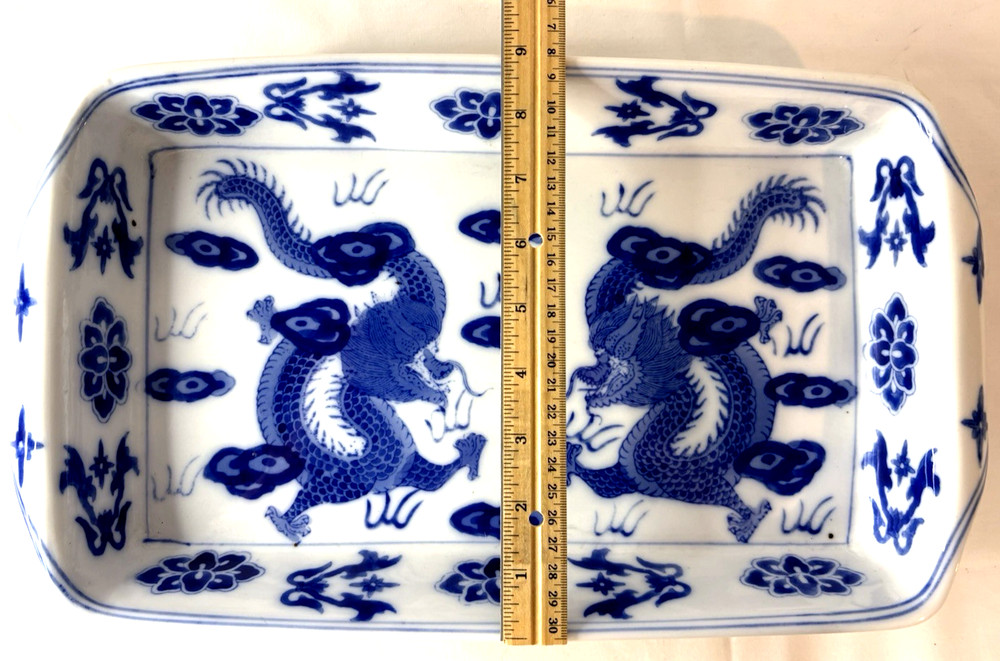 Blue & White Chinese Dragon Hand-Painted Stoneware Casserole Baking Dish