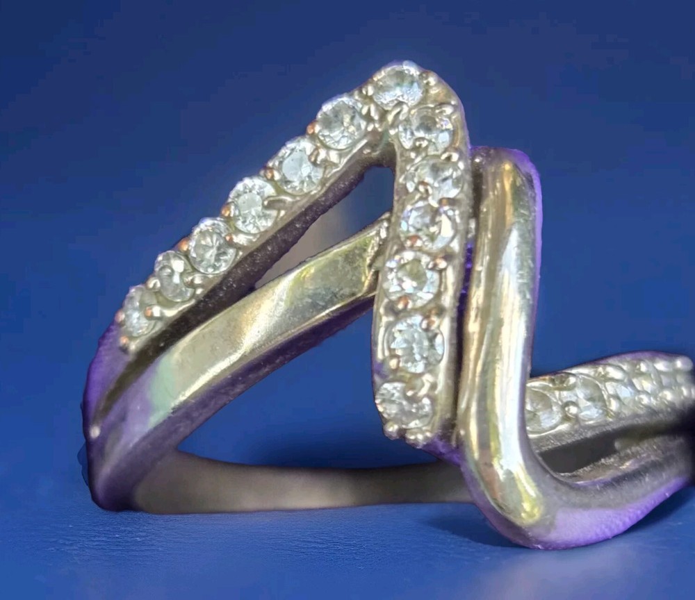 Complex Silvertone Ring Split Double Band Plain & Clear Stones Sz 10 Signed JCI