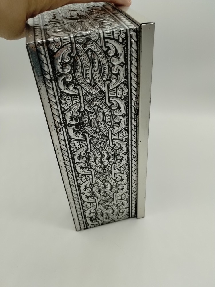 Vintage Biscuit Tin Box Embossed Colonial Equestrian Forest Theme Silver Toned