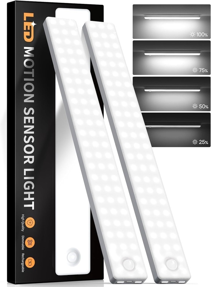 Smart Motion Sensor Under Cabinet Lighting - 2-Pack Rechargeable & Dimmable