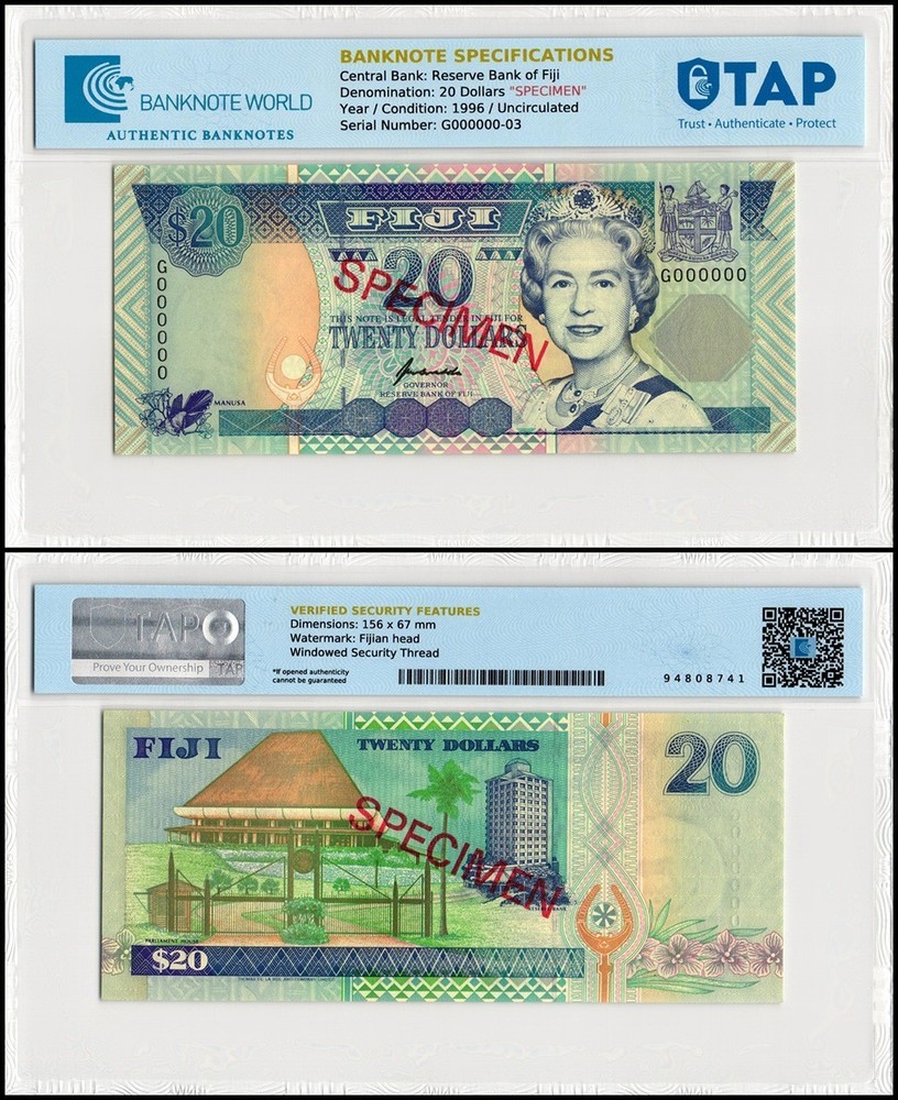 Fiji 20 Dollars, 1996 ND, P-99as, UNC, Specimen, TAP Authenticated