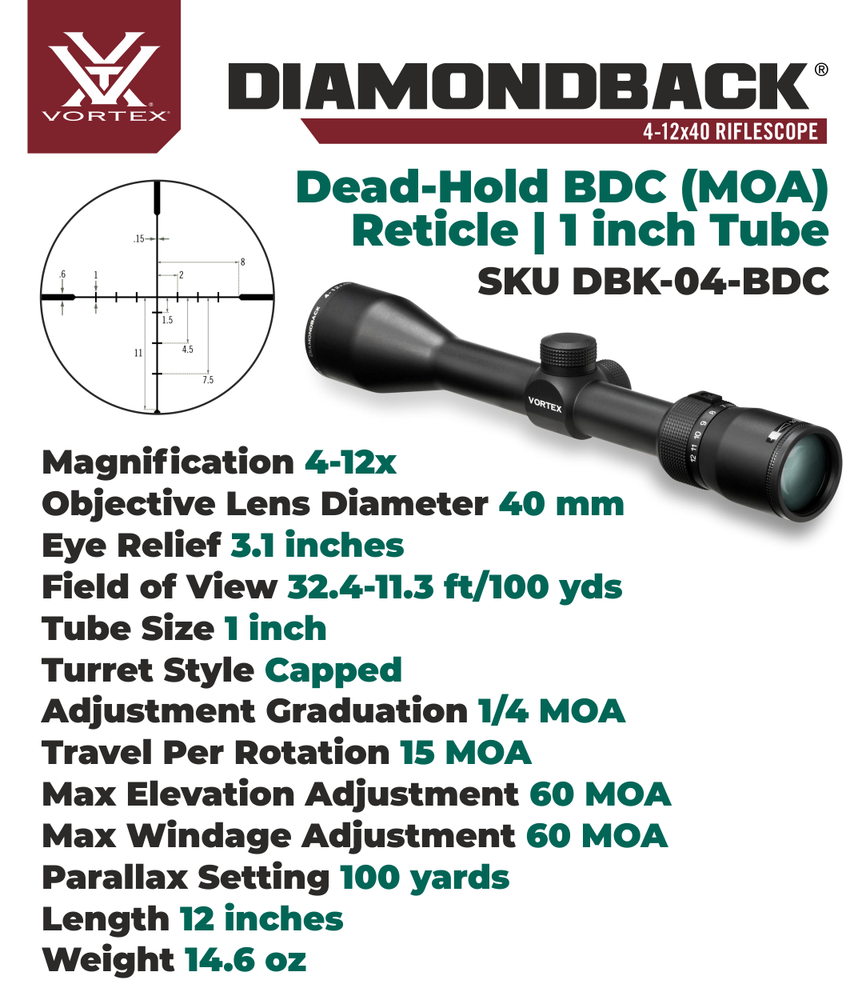 Vortex Diamondback 4-12x40 Riflescope Dead-Hold BDC MOA w/Camo Forest Hat Bundle