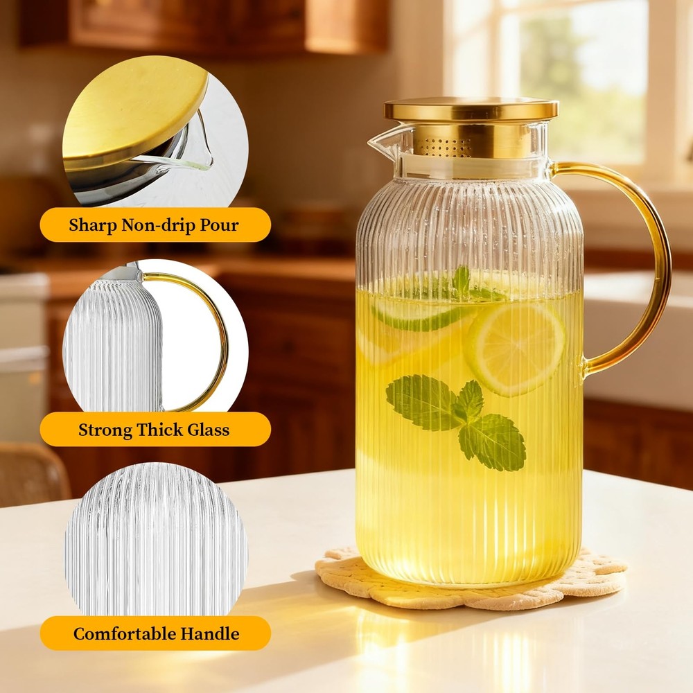 2 Pack Glass Pitcher with Lid, 68 oz/2 Liter Vertical Stripe Round Pitcher with
