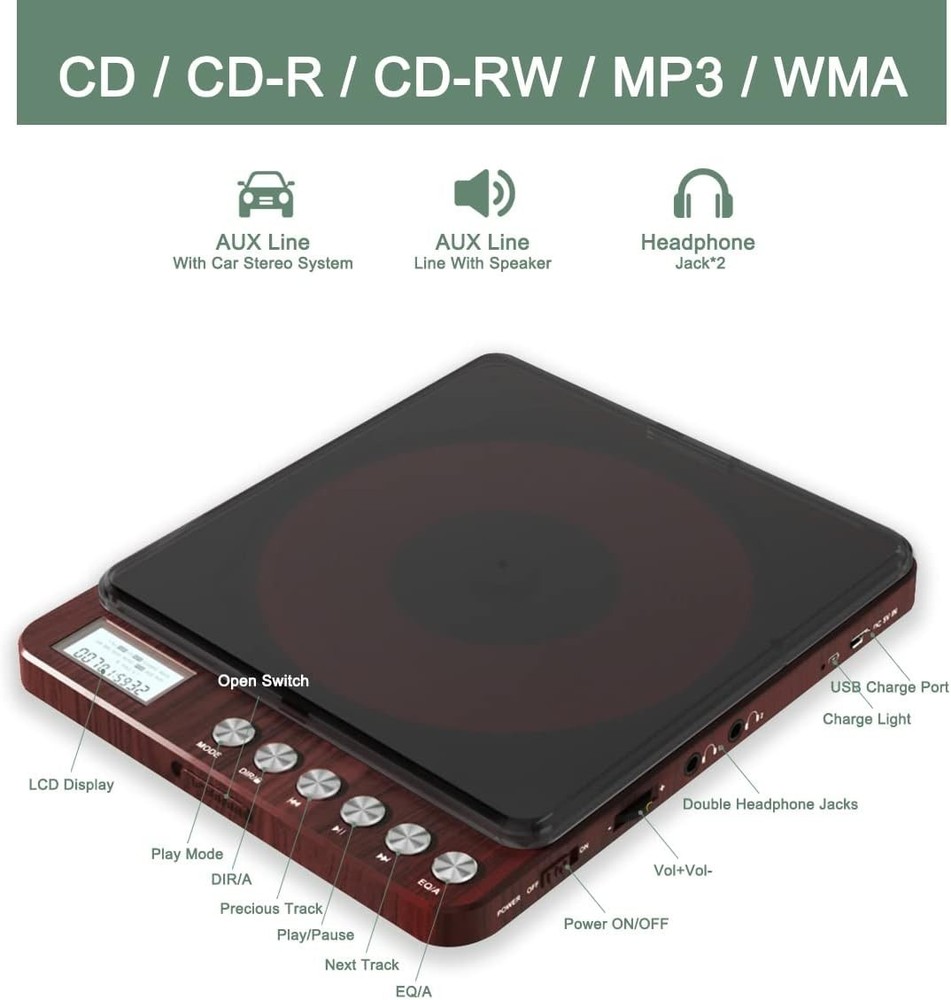 Versatile CD Player with Bluetooth, Anti-Skip Technology & Dual Audio Jacks