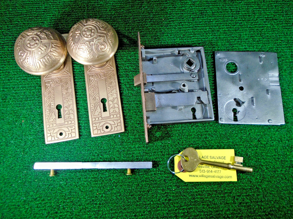 ONE COMPLETE CORBIN CEYLON BRASS MORTISE LOCK SET - FULLY RESTORED (20941)