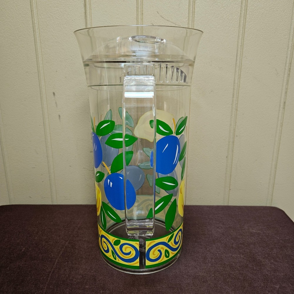 Trudeau Plastic Pitcher 10.5" x 4.5" Multicolor Fruit Lemons Plums with Lid