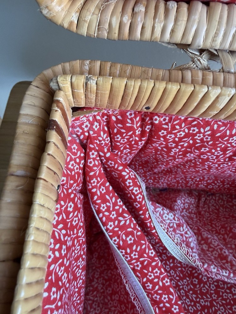 Vintage Wicker Sewing Basket w/ Red Fabric Liner, Please Read Description